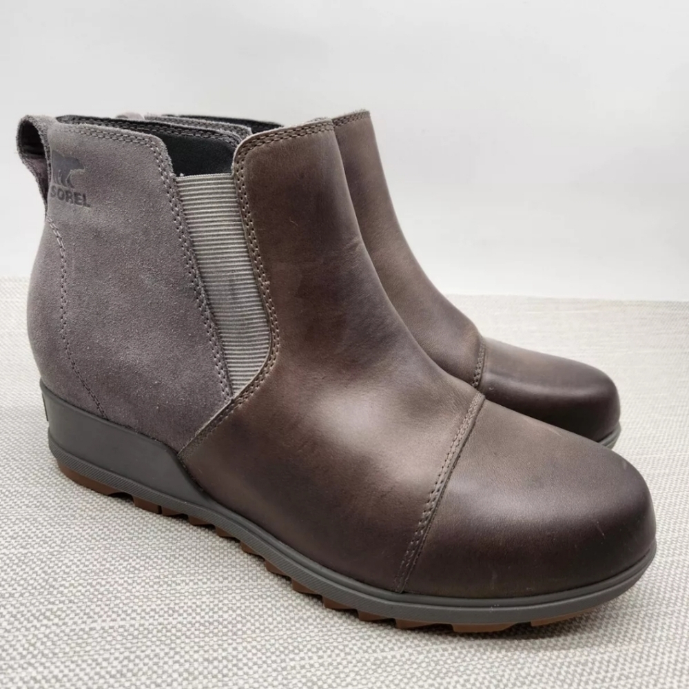 Sorel Evie Gray Leather Women Size 10 Bootie Hidden Wedge Pull On Waterproof